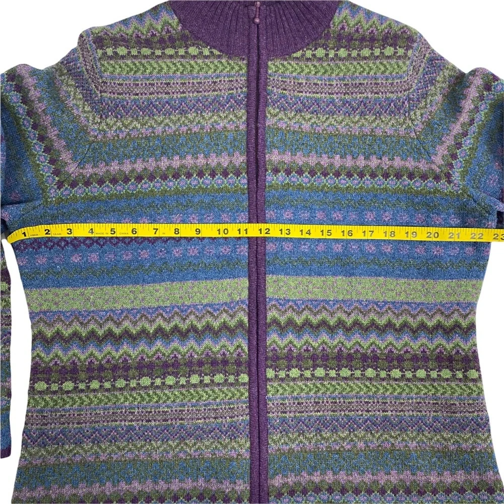 Woolrich Wool Zip Up Sweater Cardigan Womens XL Nordic Fair Isle Green Purple - Picture 7 of 9